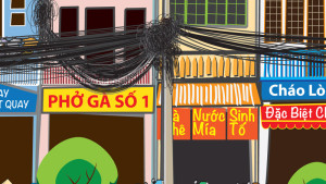 Saigon Street Food Scene #1-street signs, storefronts and electrical cables
