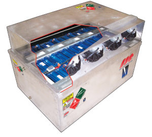 Volvo battery pack with cut-away showing internal battery cells