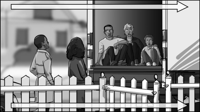 Black-ish Moving storyboard-10B Version 1: Wider blocking with fence