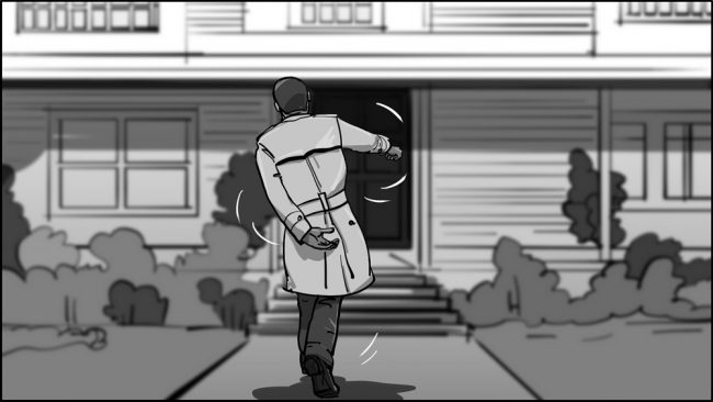 Black-ish Moving storyboard-13: Dre doing swagger walk up to the house