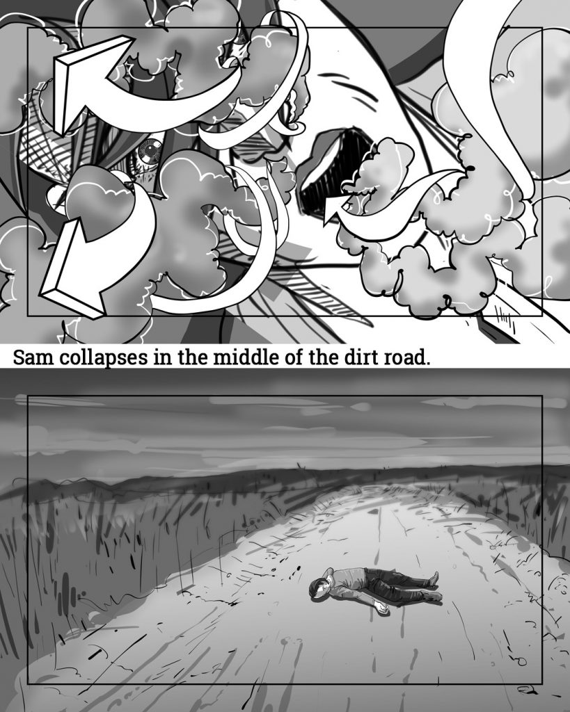 Storyboards: Sam Collapses In The Middle Of The Dirt Road