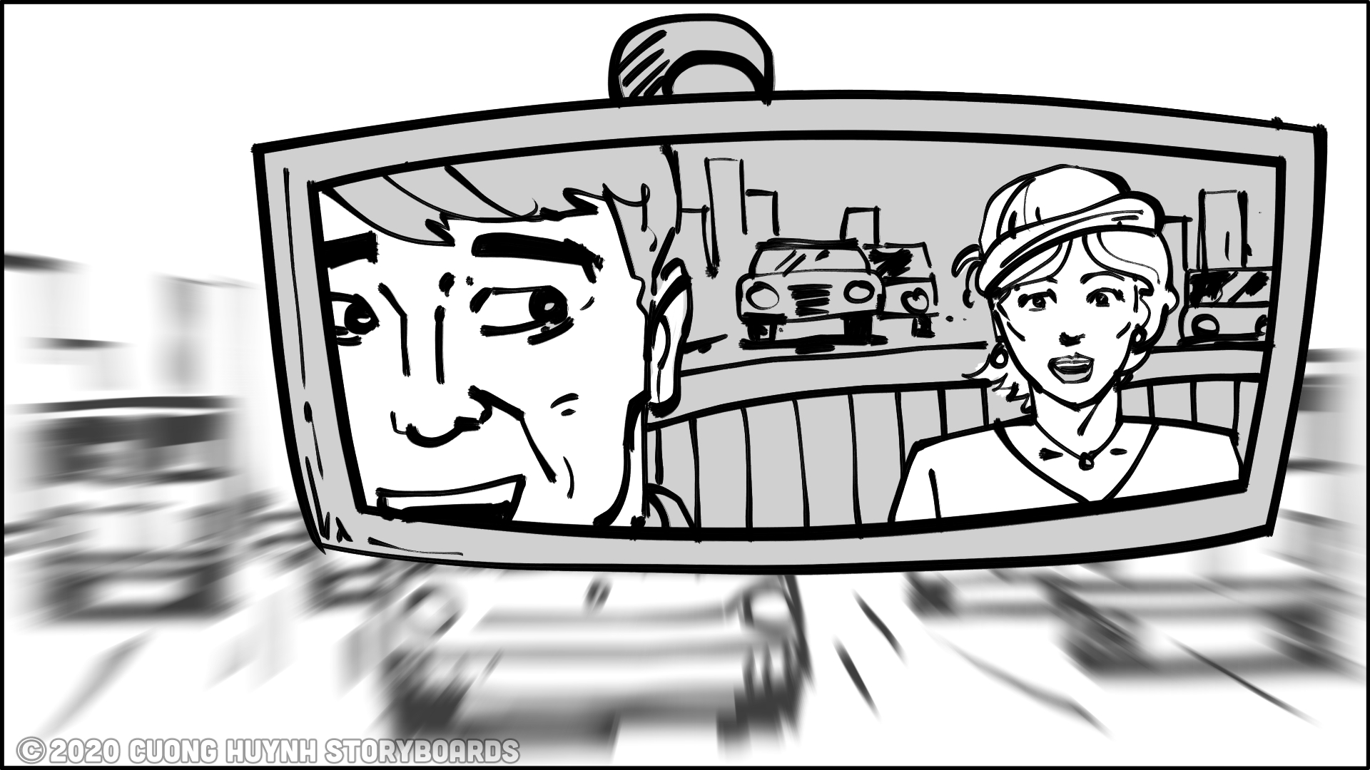 Storyboarding driver-backseat passenger scene - option 1