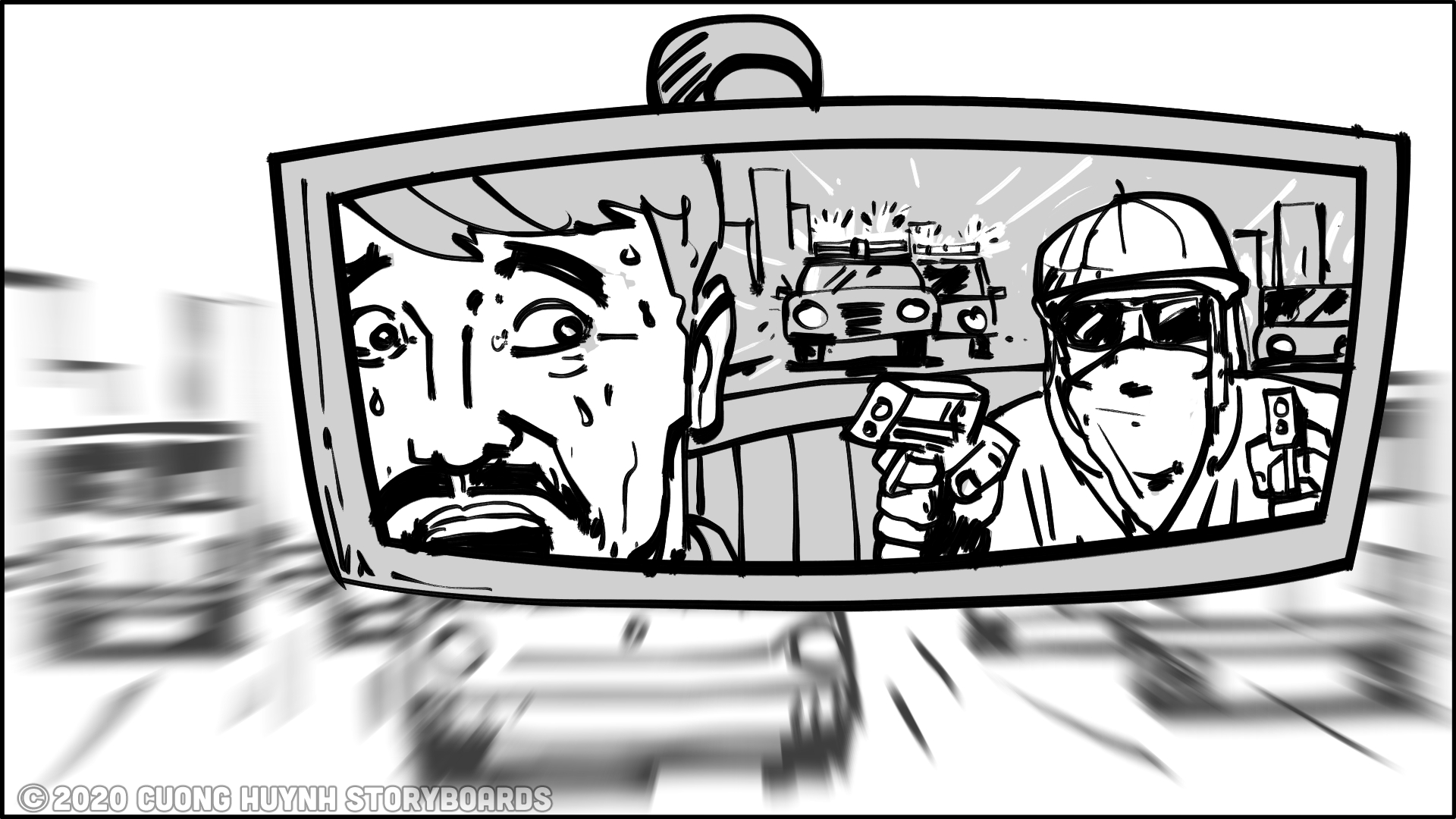 Storyboarding driver-backseat passenger scene - option 2