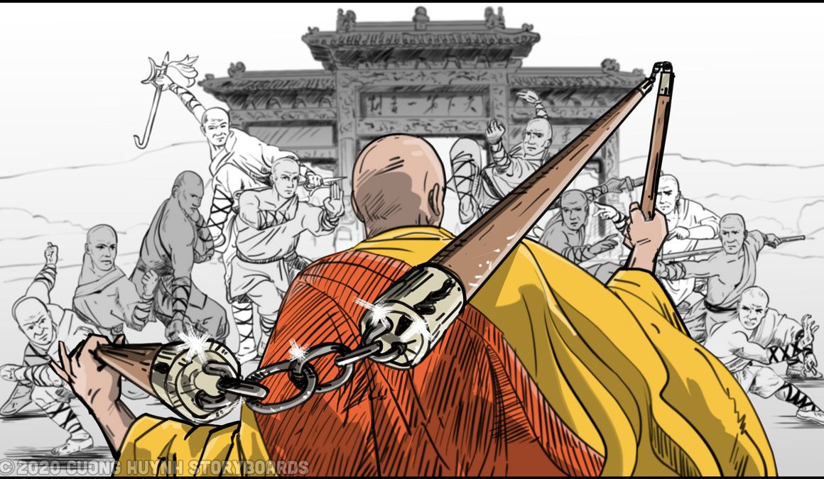 Shaolin kung fu monks three staff faceoff-8
